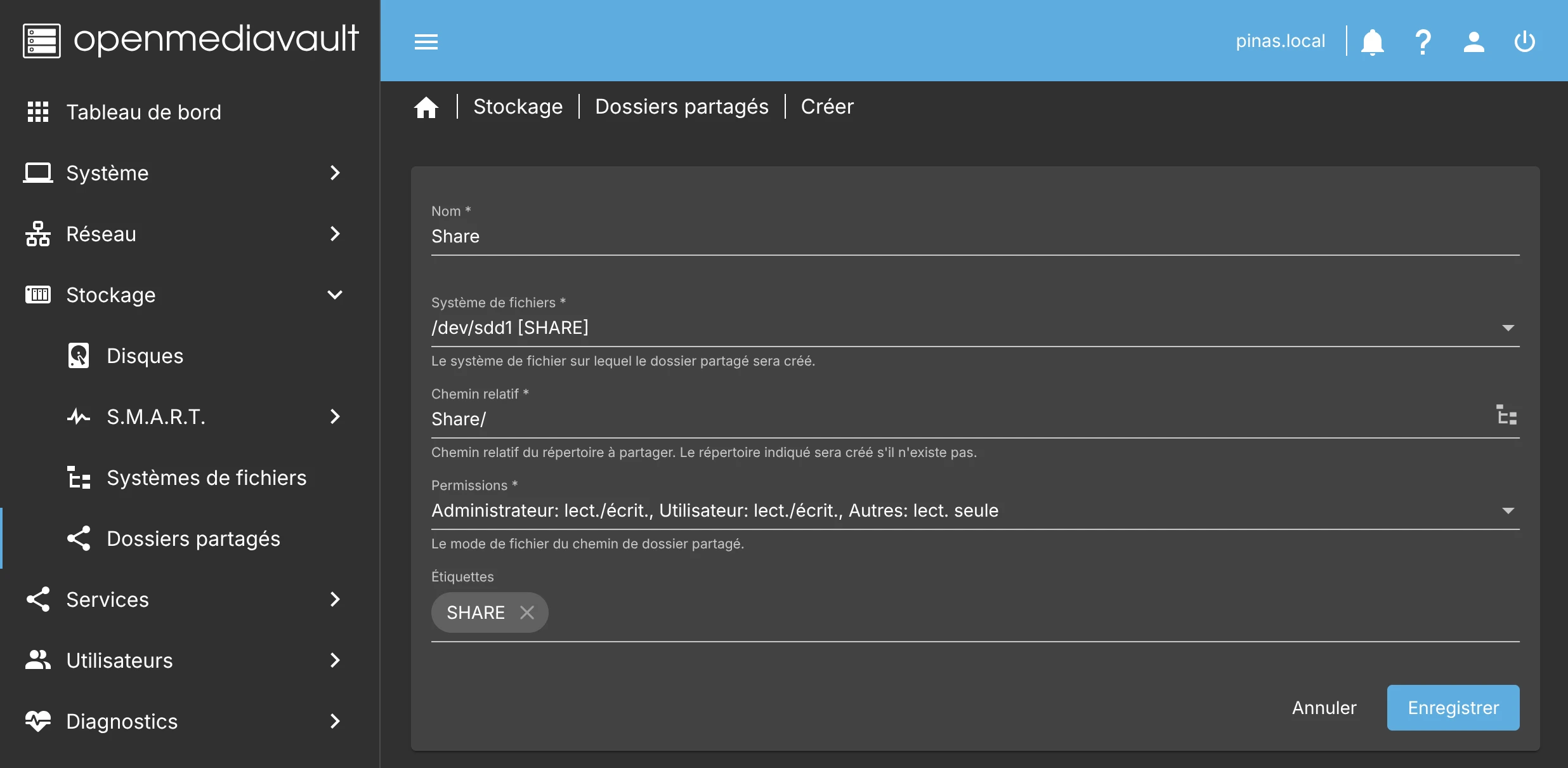 openmediavault - création dossier partagé