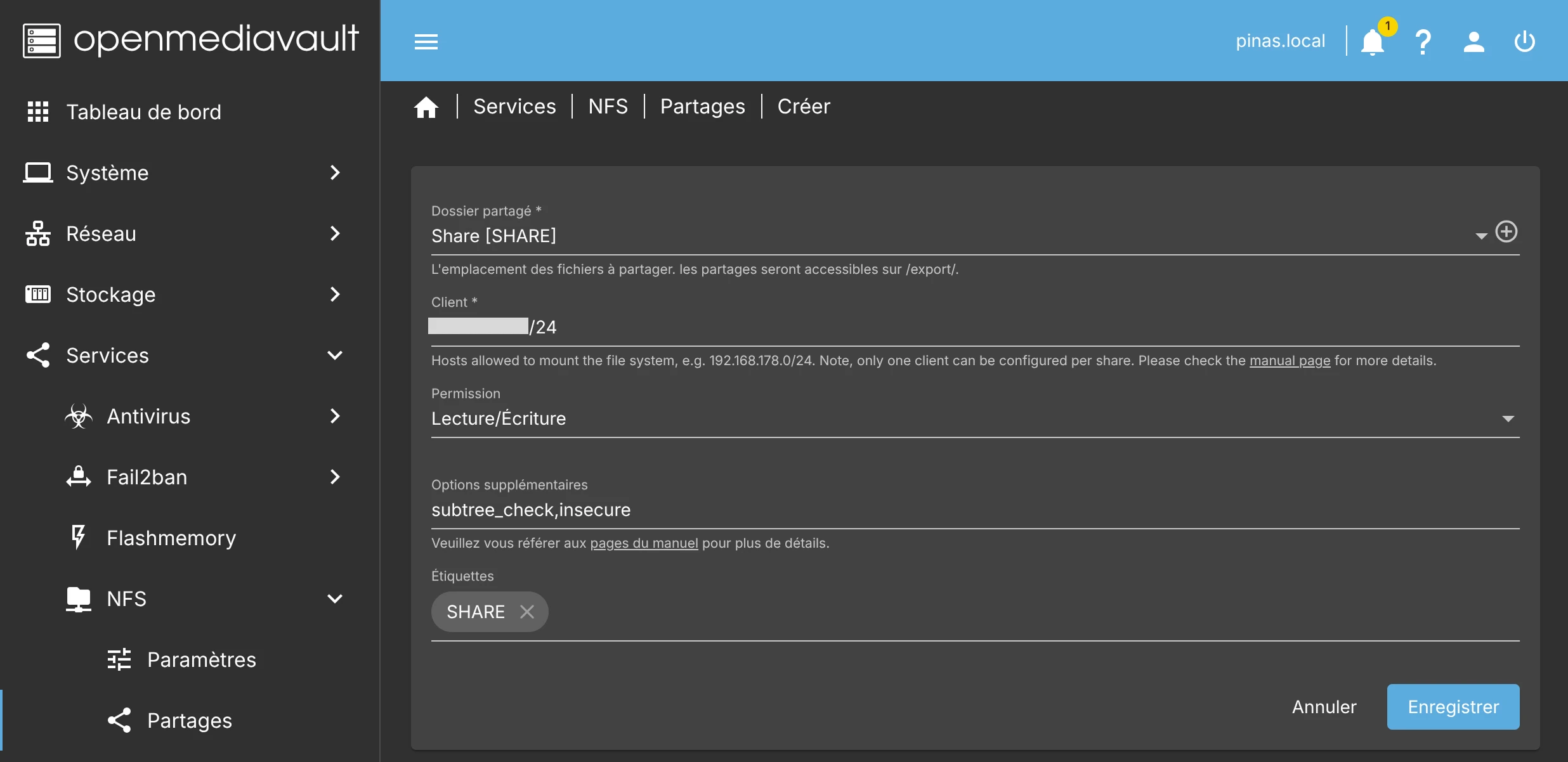 openmediavault - création partage nfs