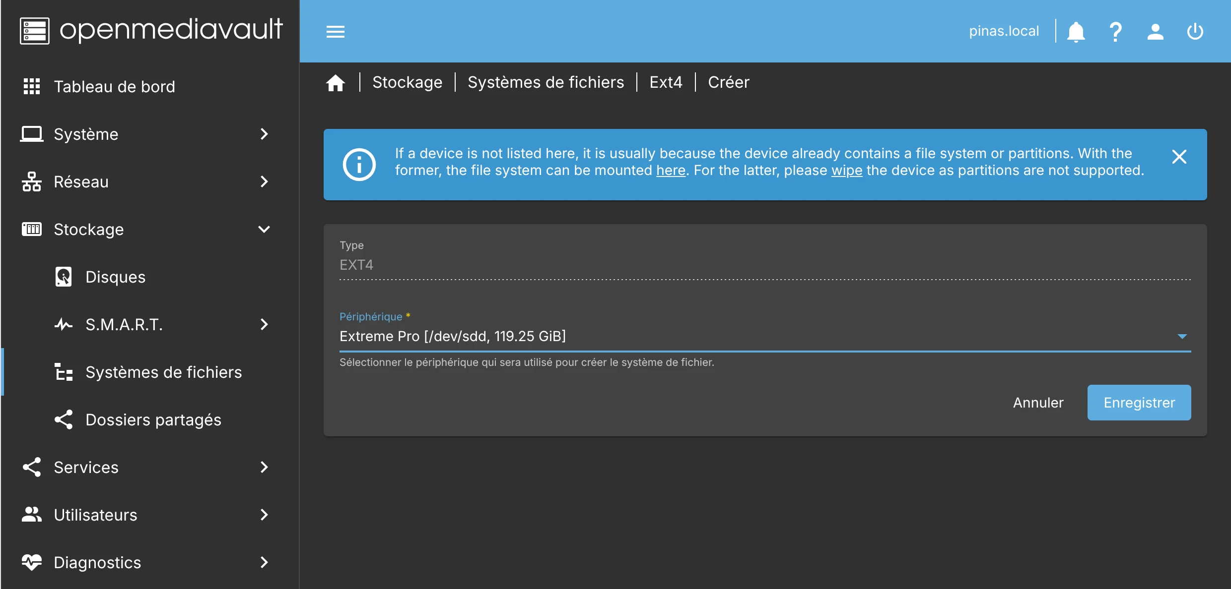 openmediavault - création système de fichier