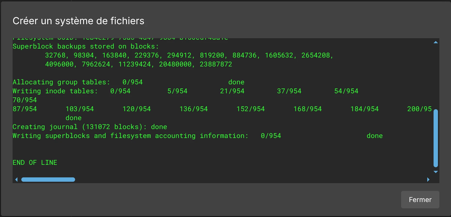 openmediavault - création système de fichier détails terminal