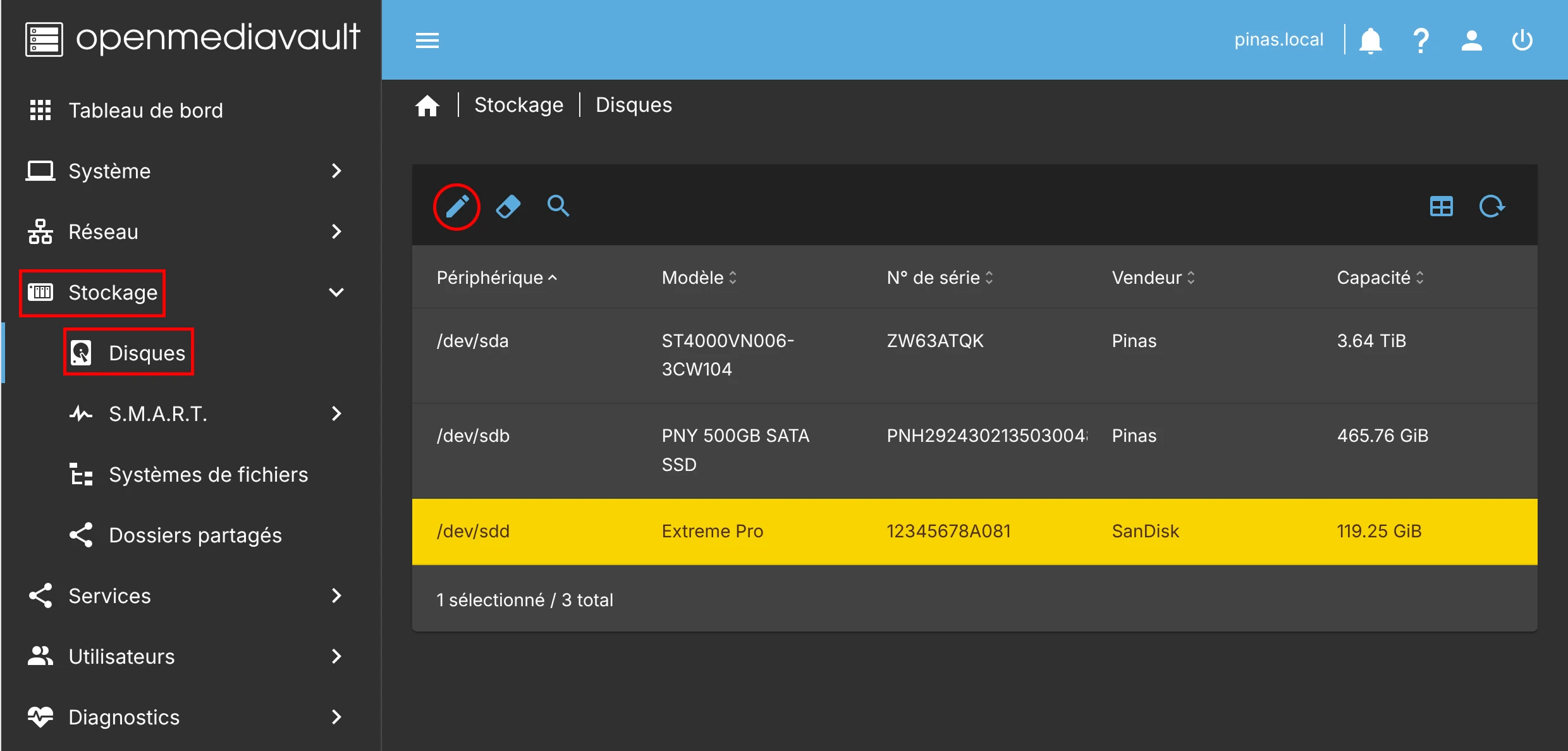 openmediavault - menu disques