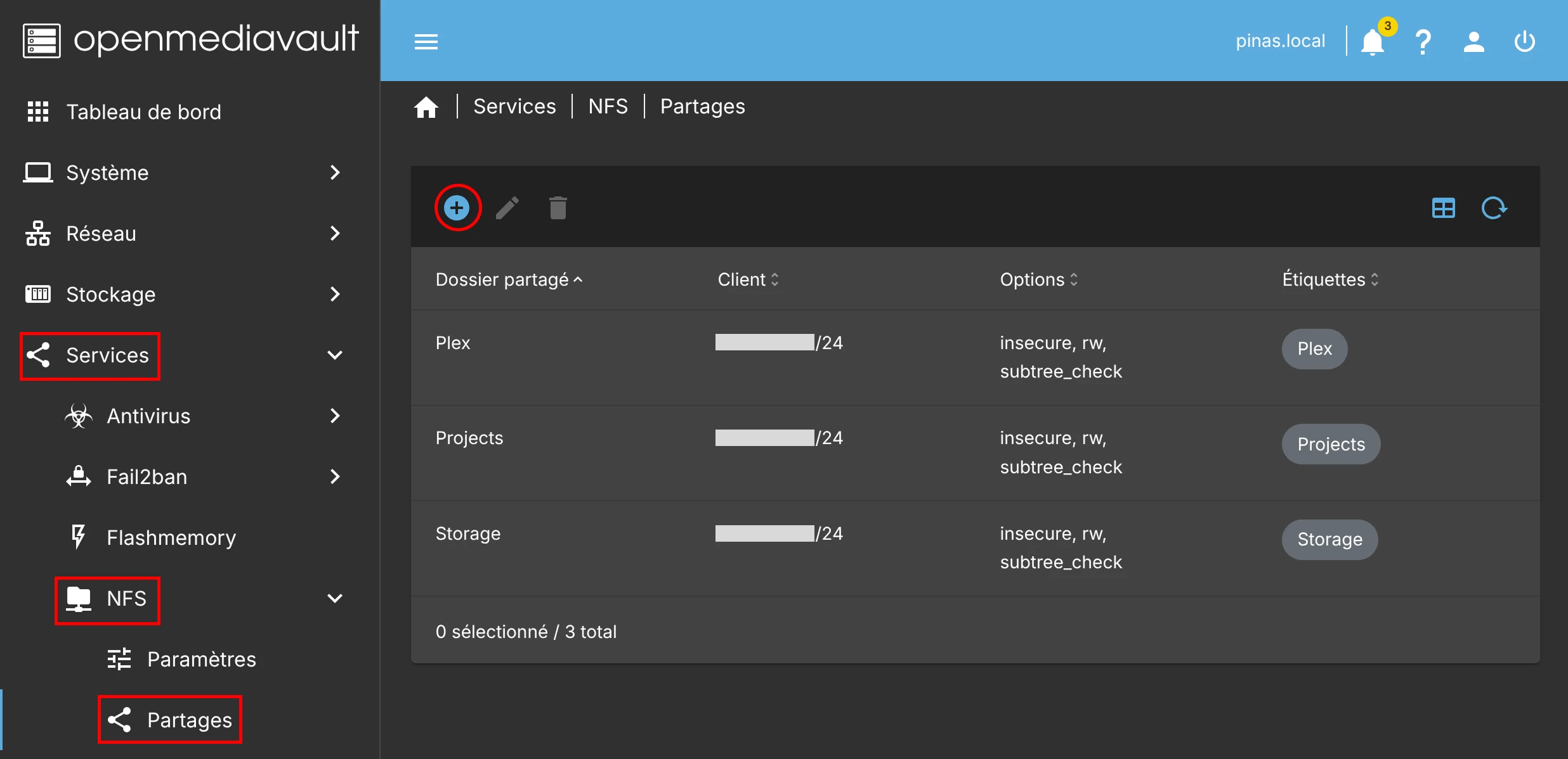 openmediavault - menu partage nfs