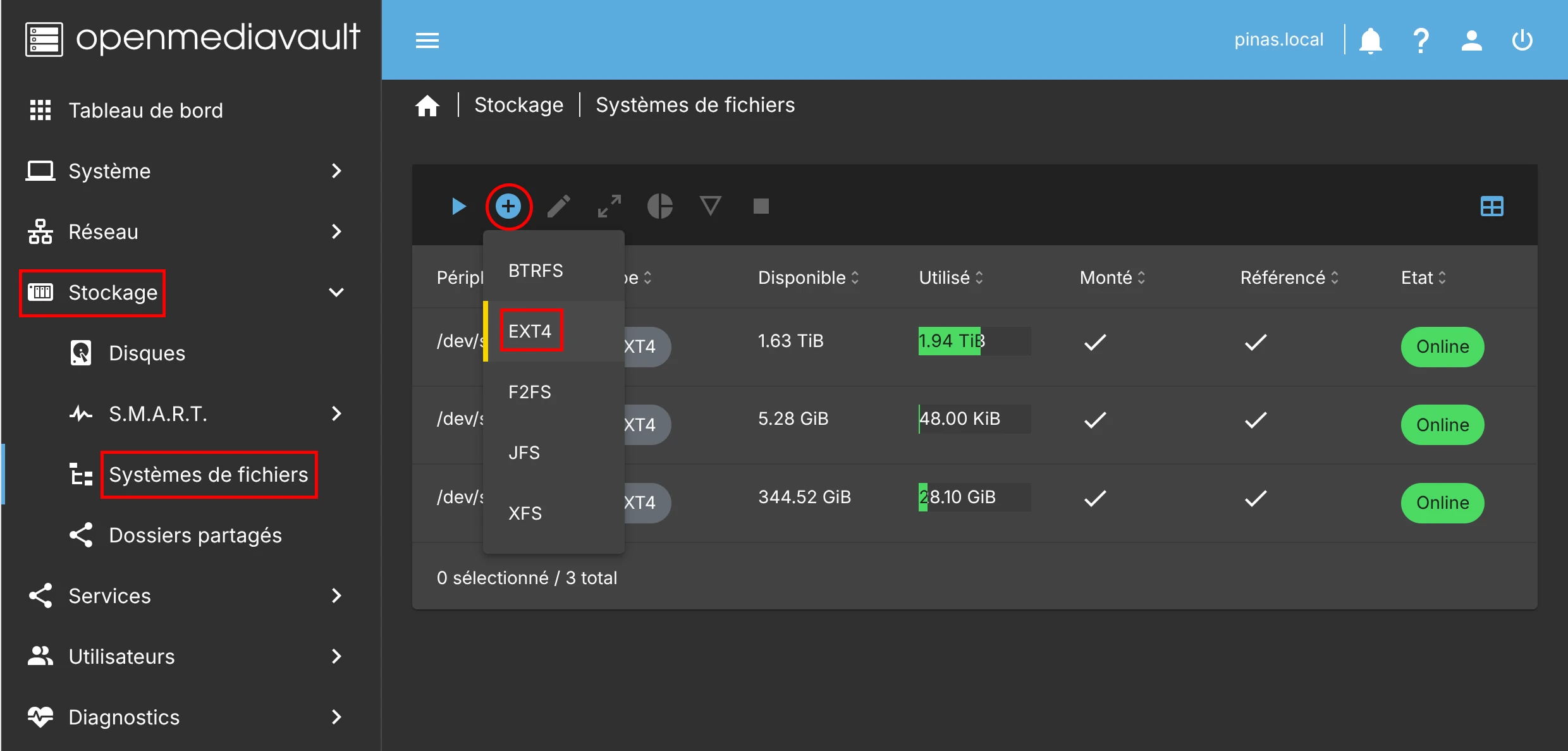 openmediavault - menu systèmes de fichiers