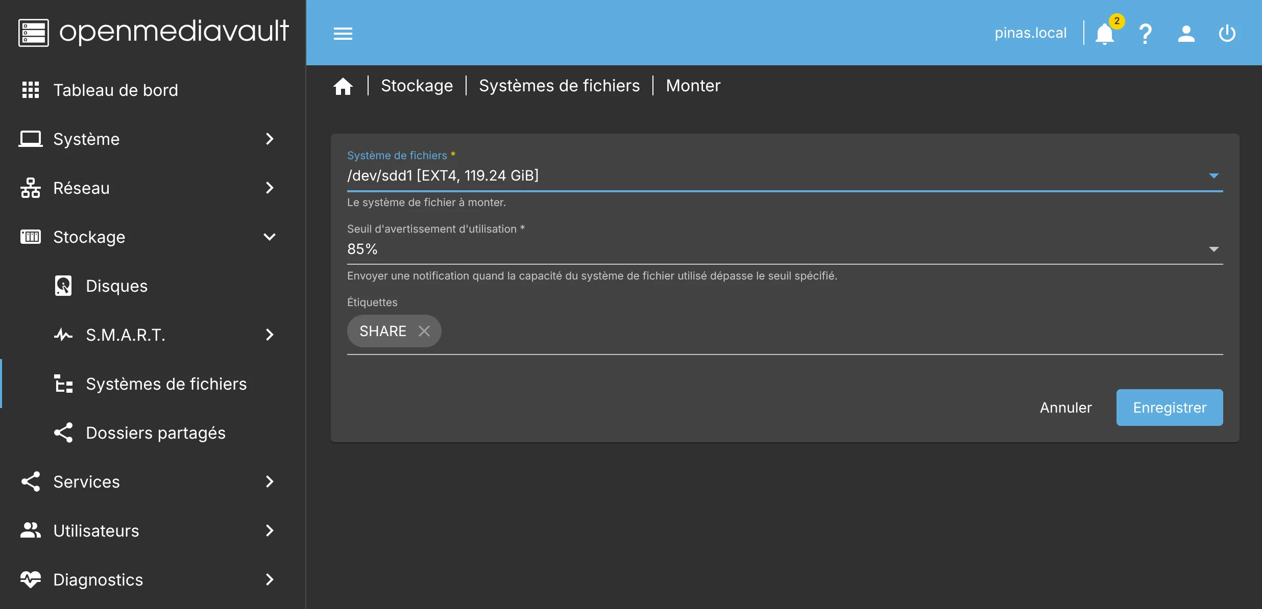 openmediavault - monter système de fichier