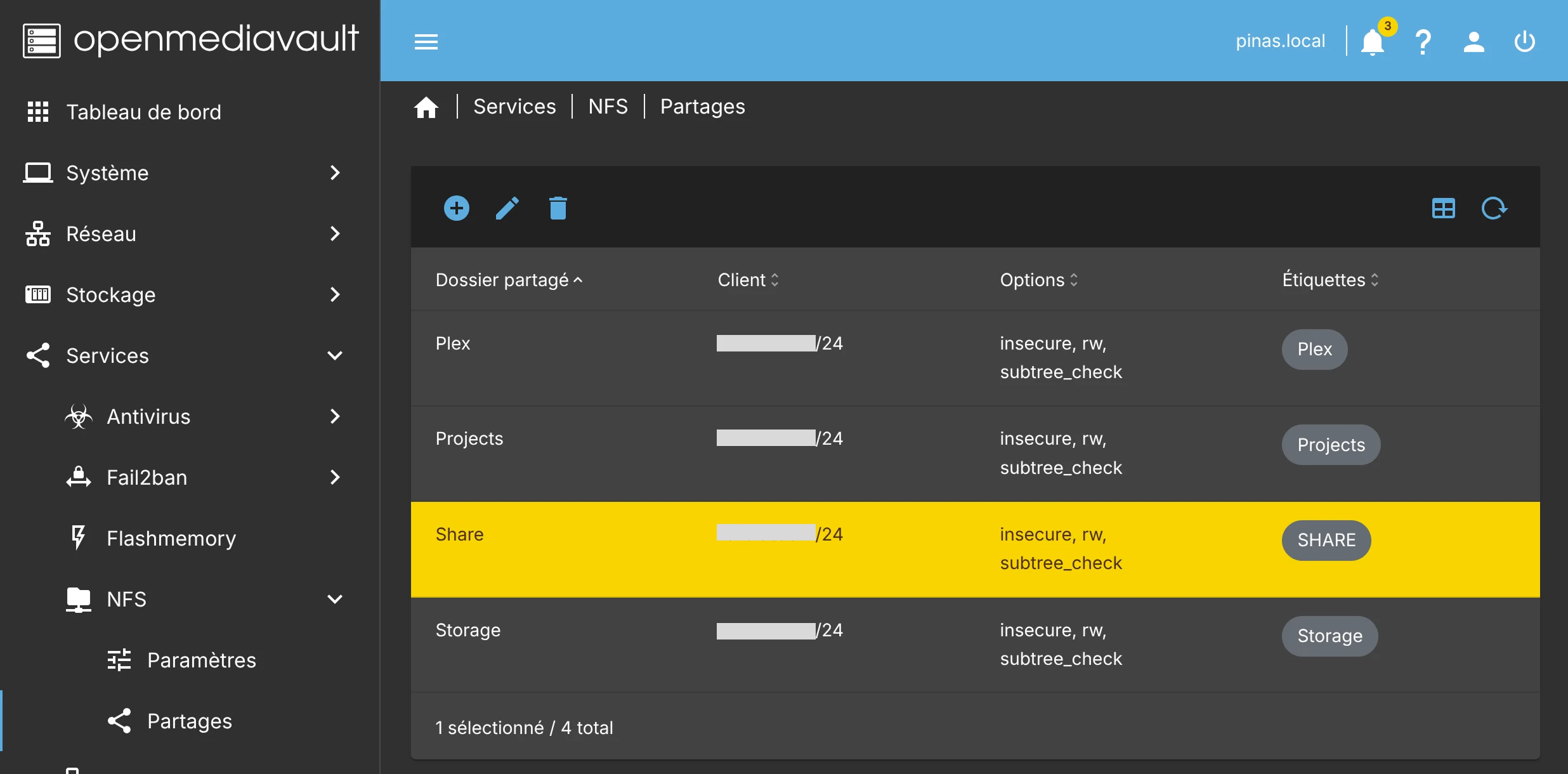 openmediavault - partage nfs créé