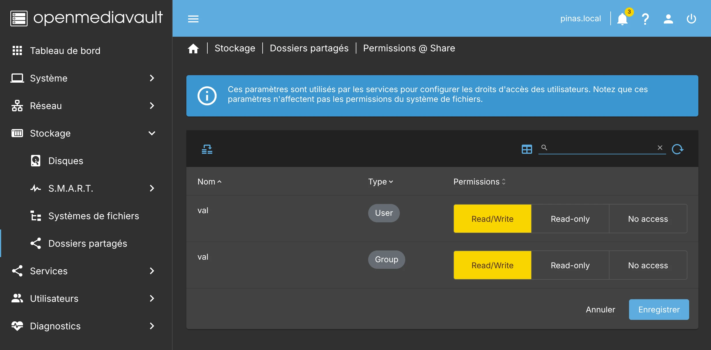 openmediavault - réglage permissions dossier partagé