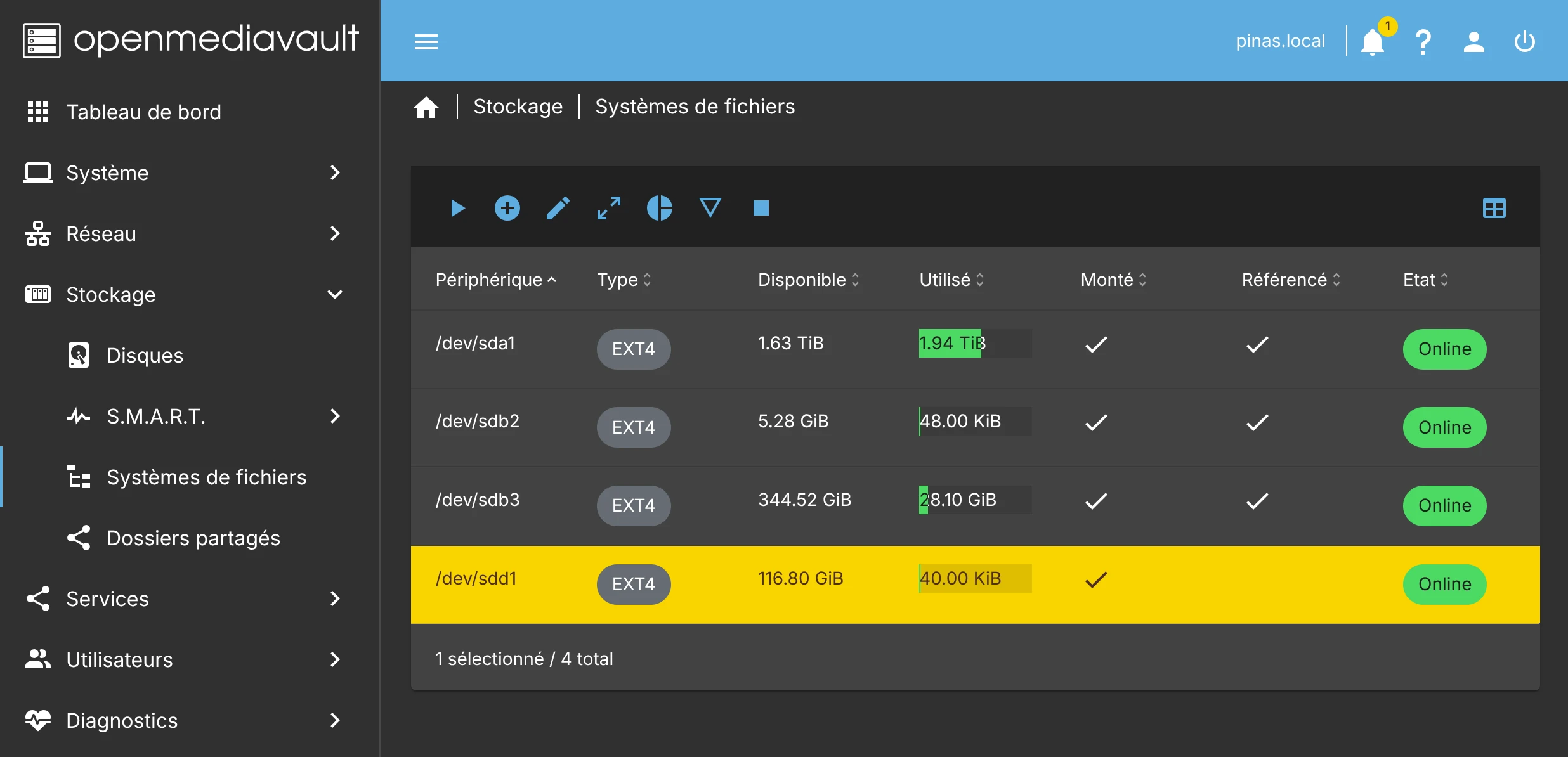 openmediavault - système de fichier créé