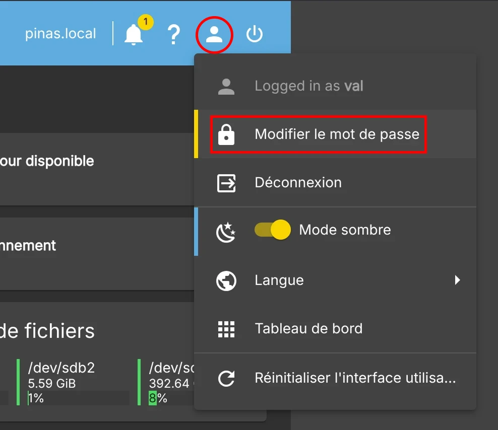 openmediavault - menu modifier le mot de passe