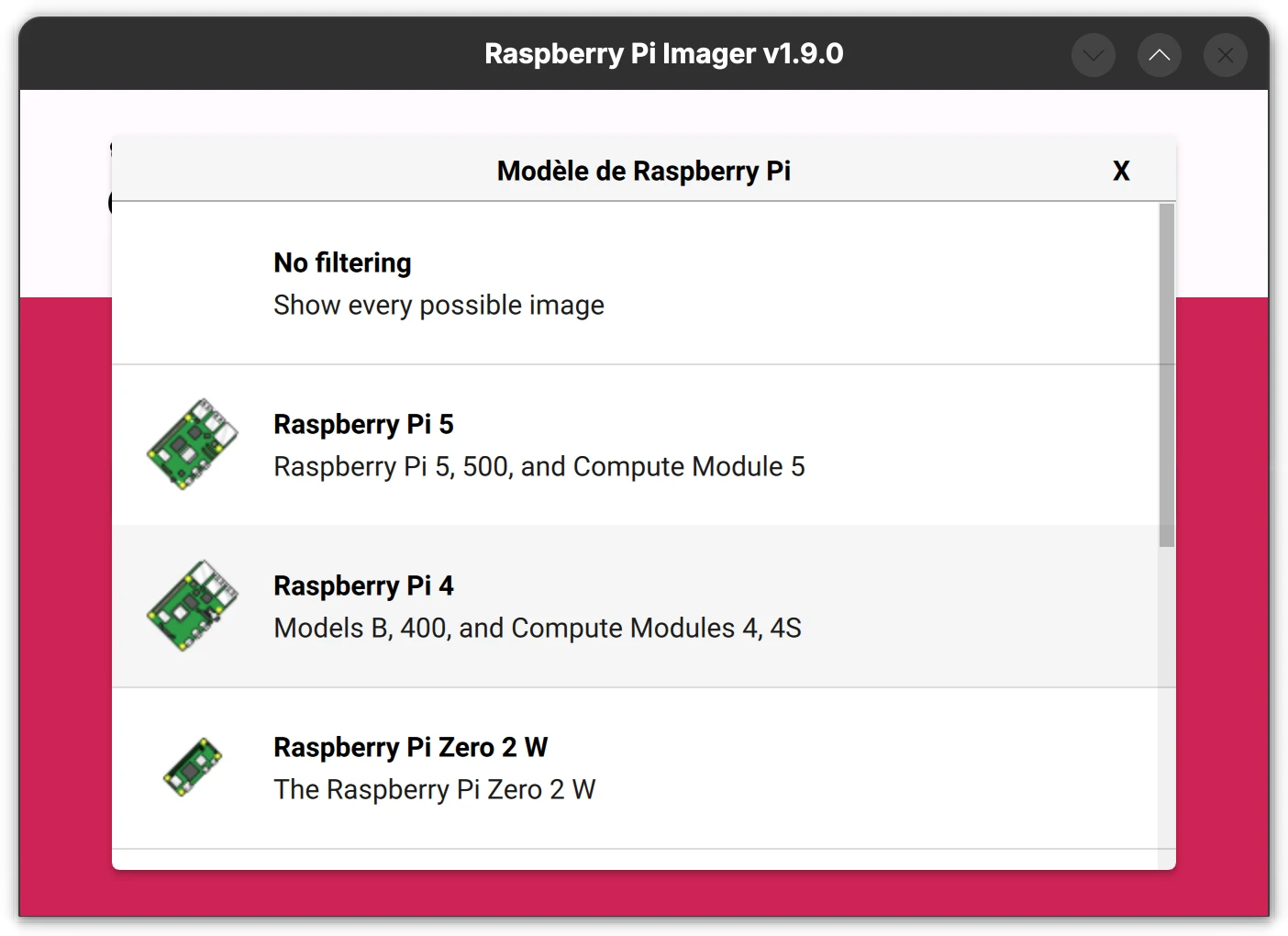 raspberry pi manager - menu choix modèle raspberry pi