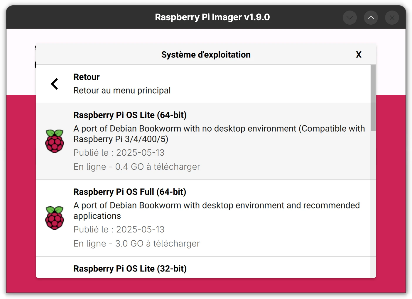 raspberry pi manager - menu choix système d'exploitation