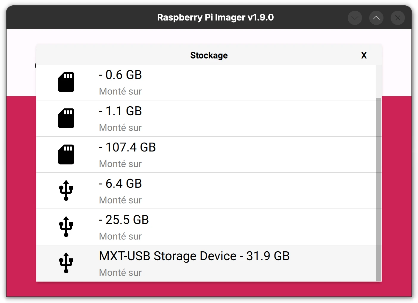 raspberry pi manager - menu choix stockage