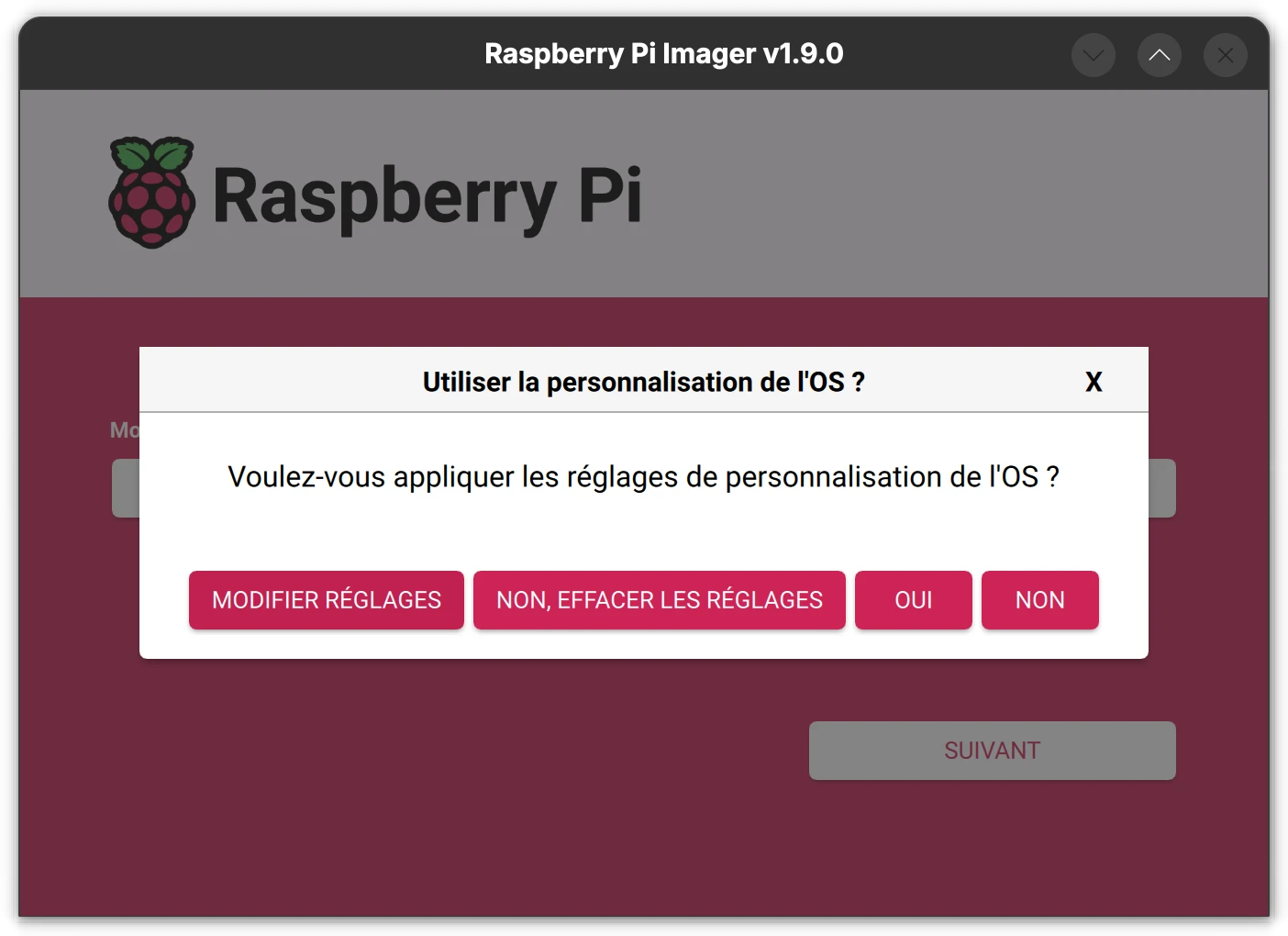raspberry pi manager - pop-up réglages